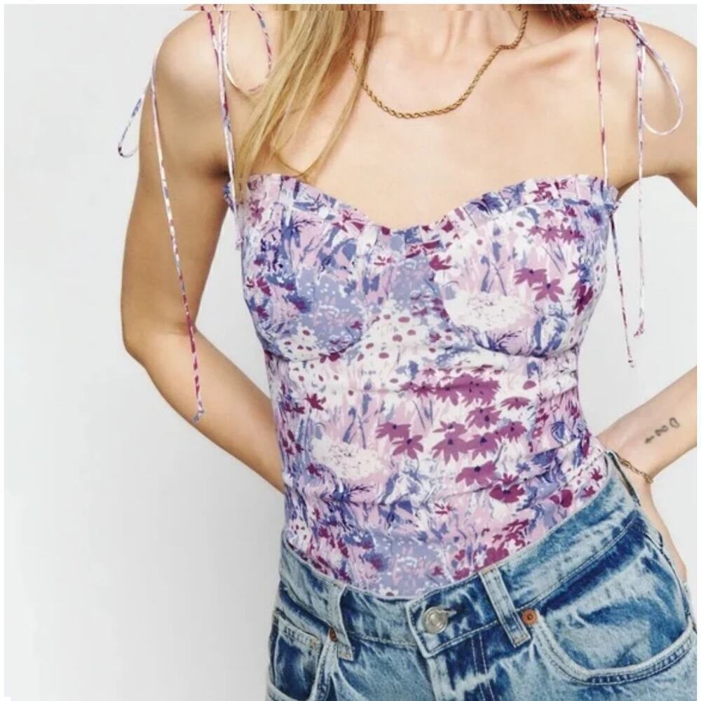 NWT Reformation Novema Top Size 12 Purple Floral Ruffled Tie Straps Sweetheart